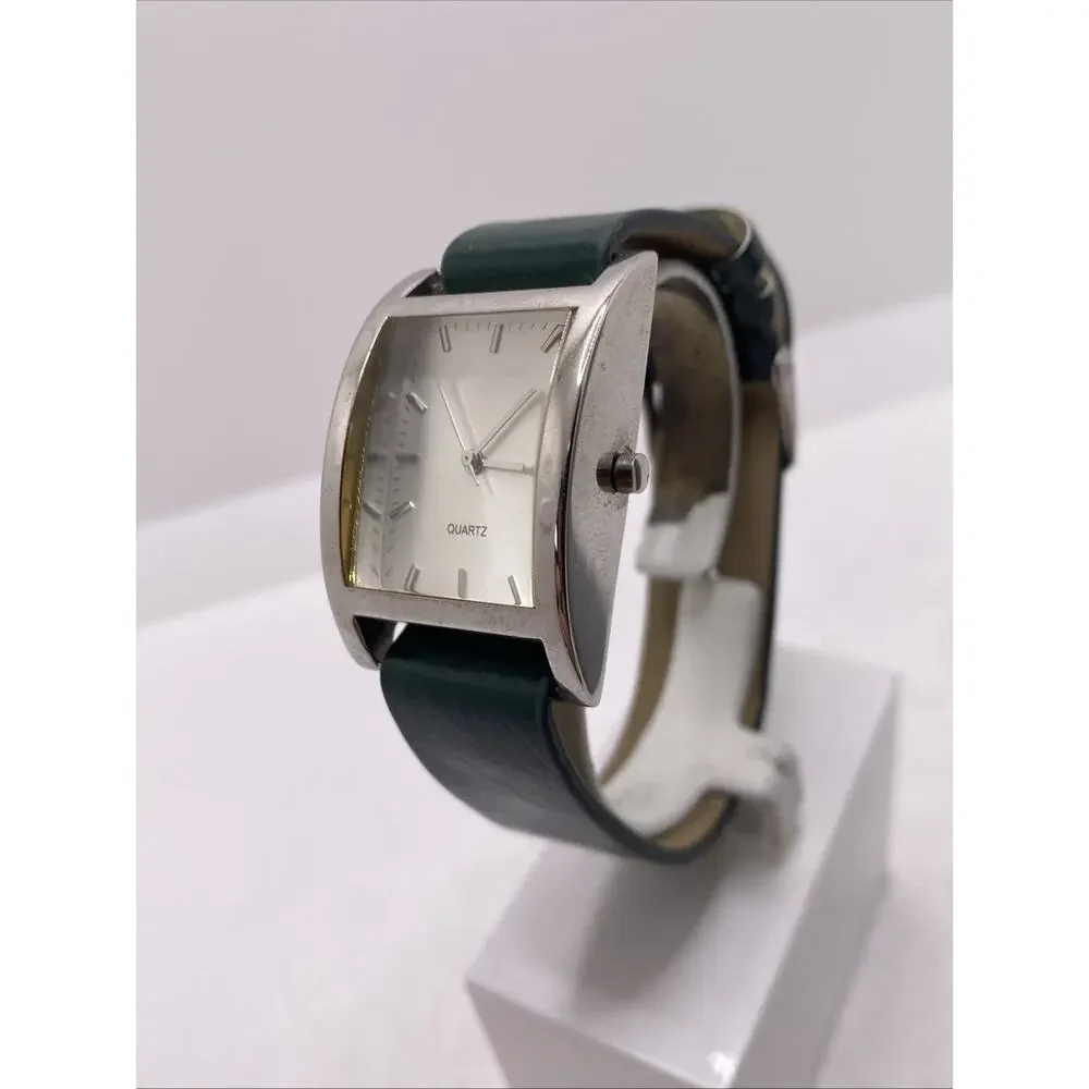 Womens Silver Rectangle Green Watch Works New Battery